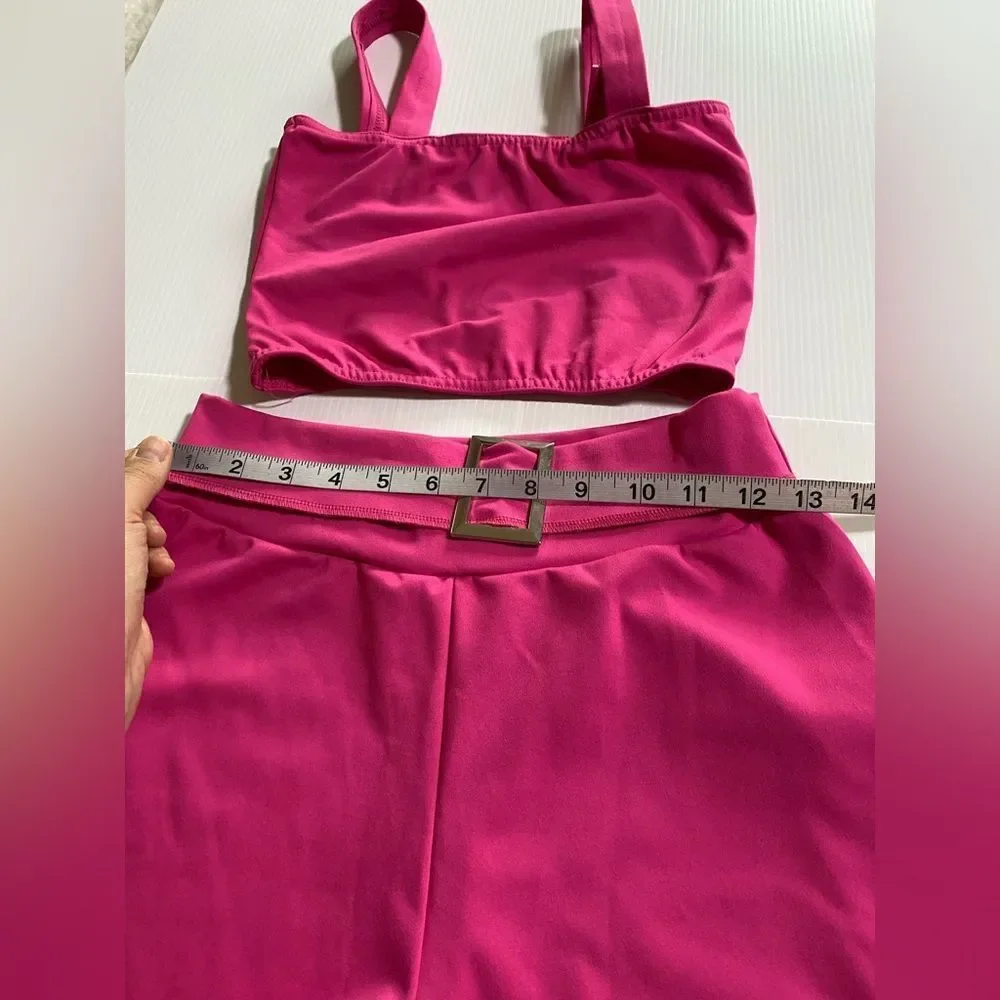 Kelle dance costume 2 piece hot pink top buckle shorts SA-Small adult